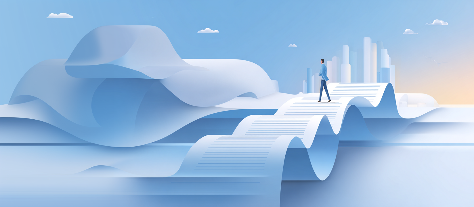 Illustration of a person walking through a landscape of skill 'waves'