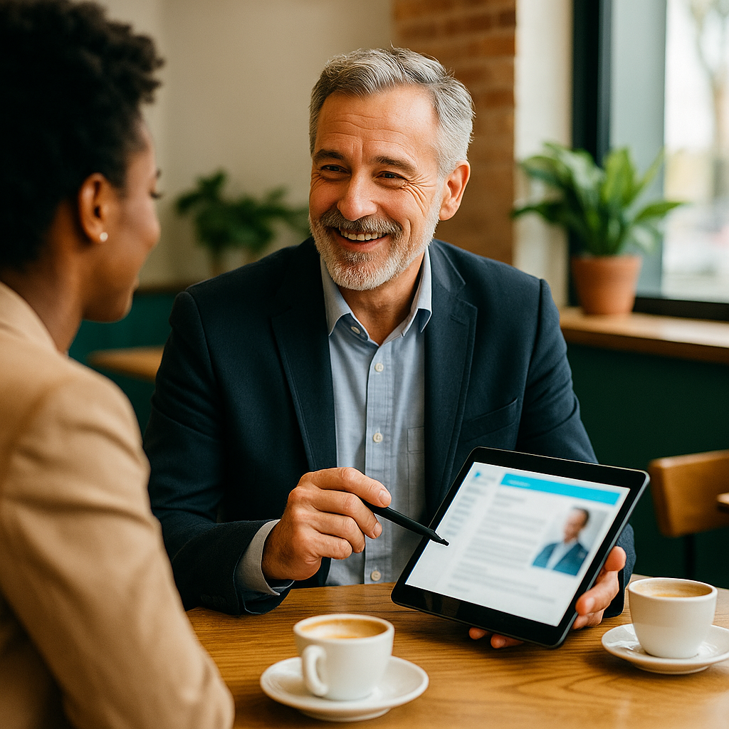 Tenured professional presenting a tablet case study to a client