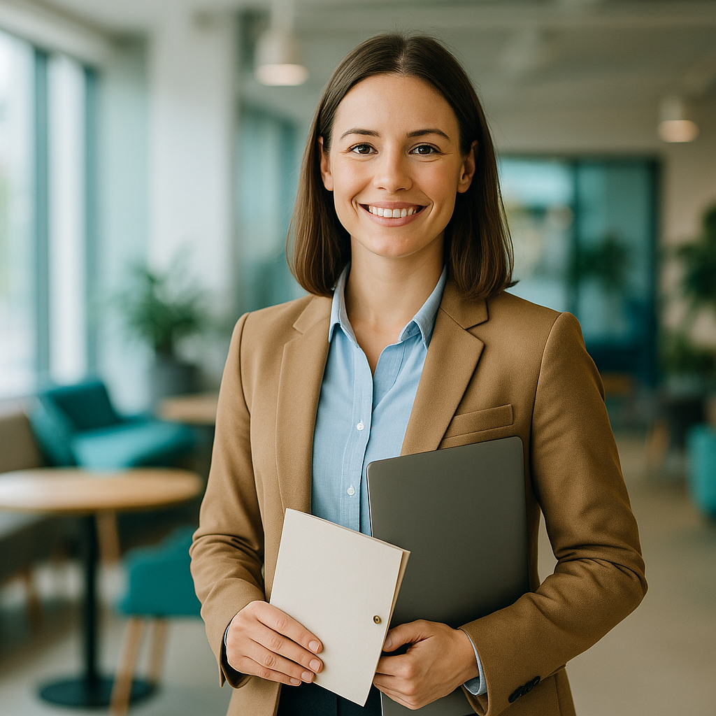 Confident job seeker holding resume and portfolio