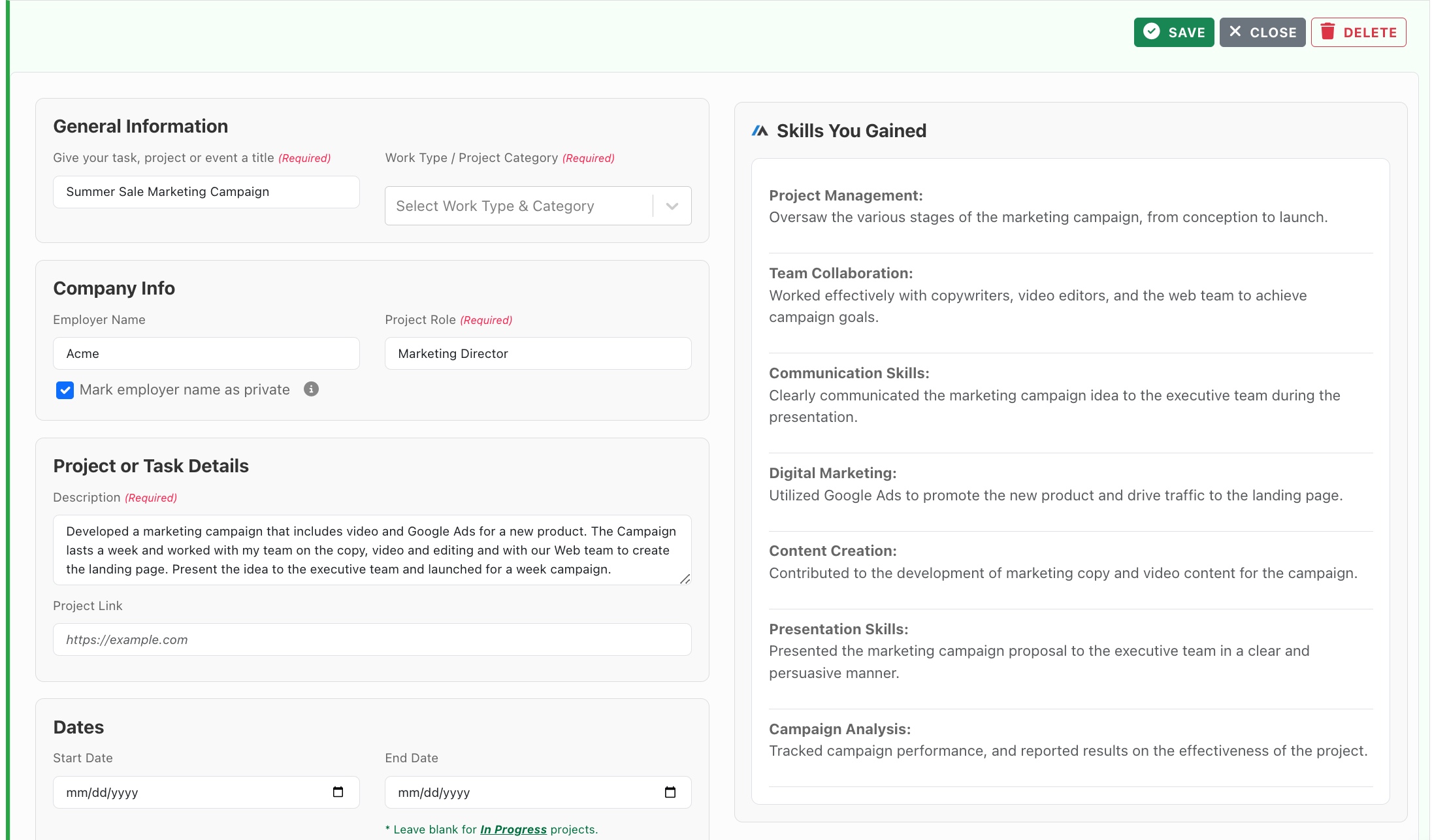 Update projects in the Project Tracker to extract skills