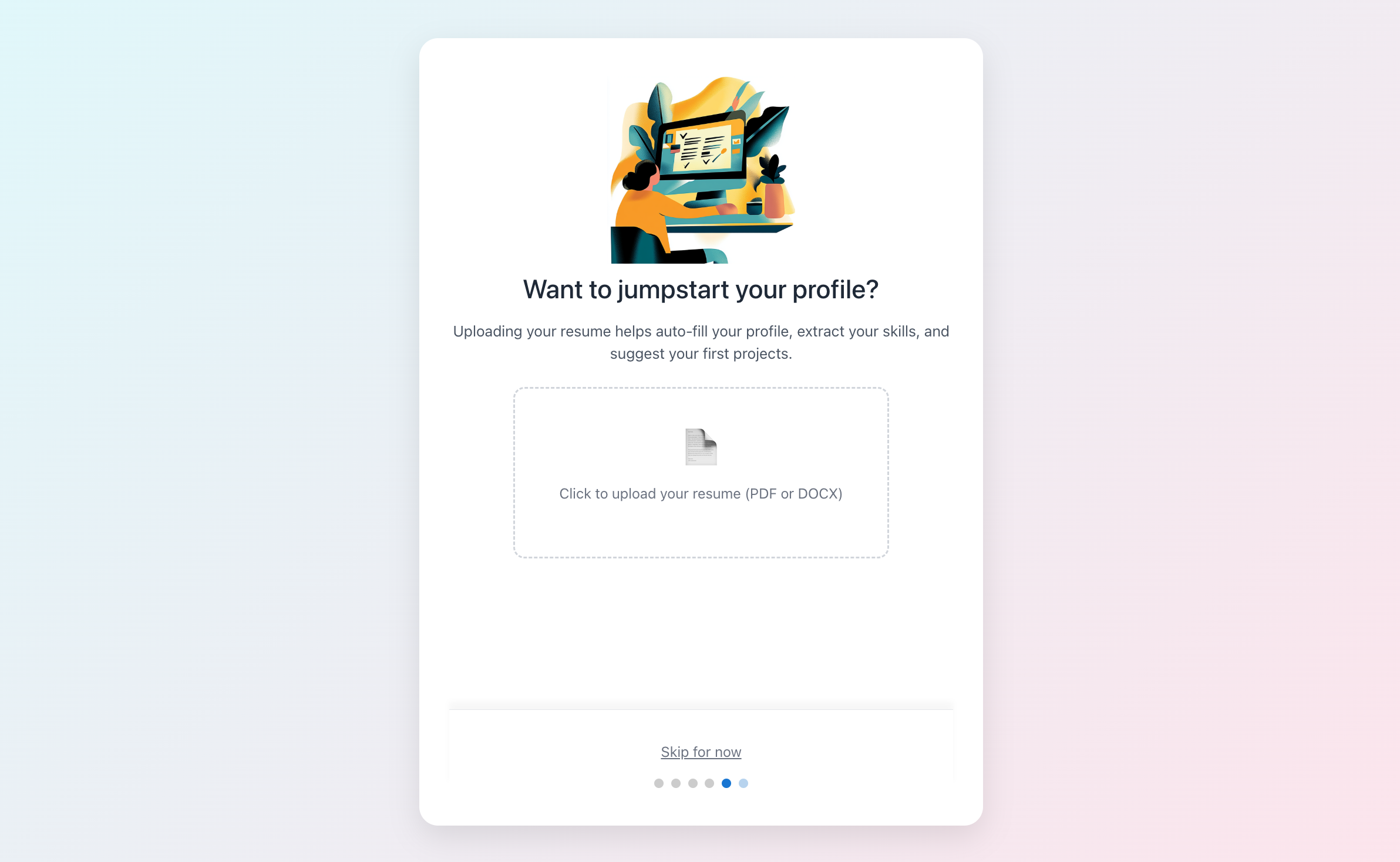 Onboarding screen to upload an existing resume